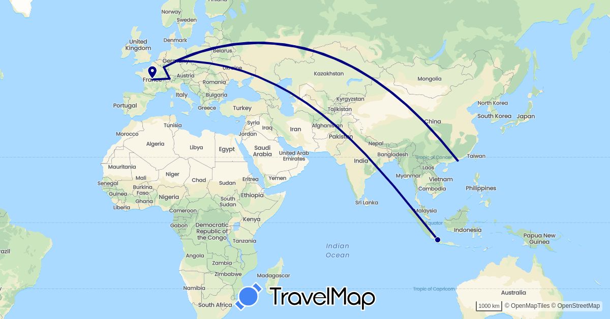 TravelMap itinerary: driving in Switzerland, China, Germany, France, Indonesia, Luxembourg (Asia, Europe)